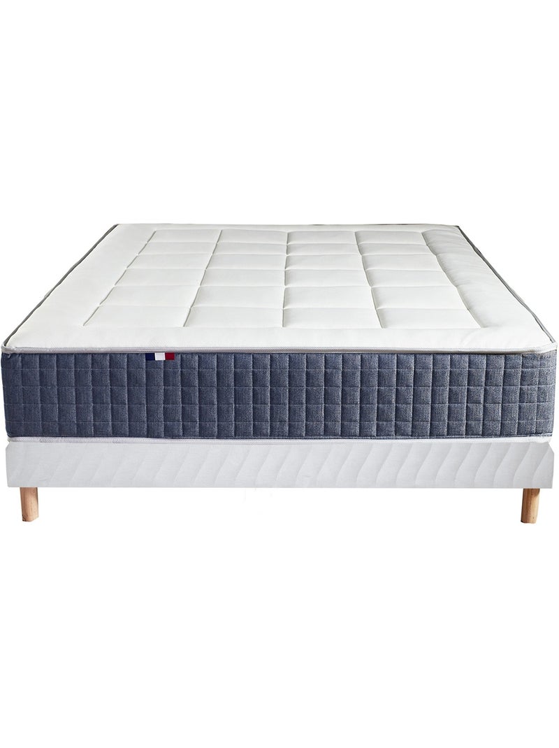 Ensemble matelas ressort 7 zones KING STYLE, mémoire de forme, sommier, couette, oreillers - Blanc Blanc Bleu - Kiabi