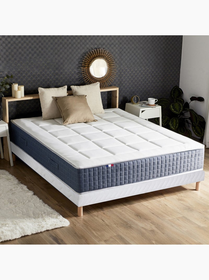 Ensemble Matelas Ressort 7 zones + Mémoire de forme + Sommier + couette + oreillers - Blanc Blanc Bleu - Kiabi