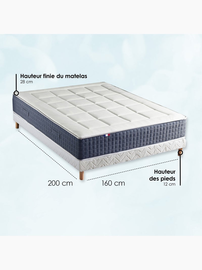 Ensemble Matelas Ressort 7 zones + Mémoire de forme + Sommier + couette + oreillers - Blanc Blanc Bleu - Kiabi