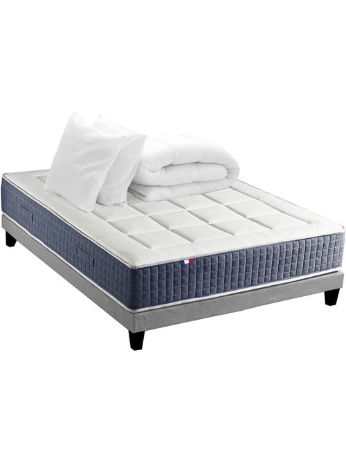 Ensemble Matelas Ressort 7 zones + Mémoire de forme + Sommier + couette + oreillers - Gris chiné - Kiabi Ensemble Matelas Ressort 7 zones + Mémoire de forme + Sommier + couette + oreillers - Gris chiné - Kiabi