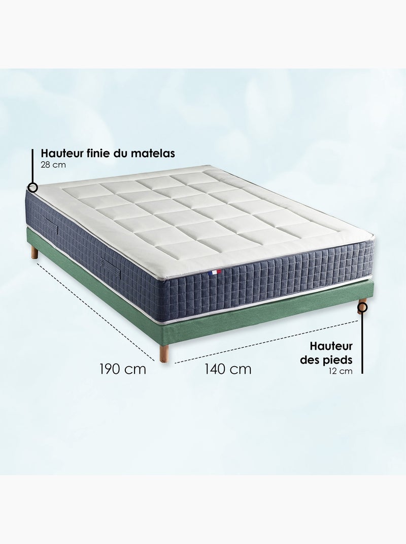 Ensemble matelas ressort 7 zones , mémoire de forme, sommier, couette, oreillers - Vert celadon Blanc Vert - Kiabi
