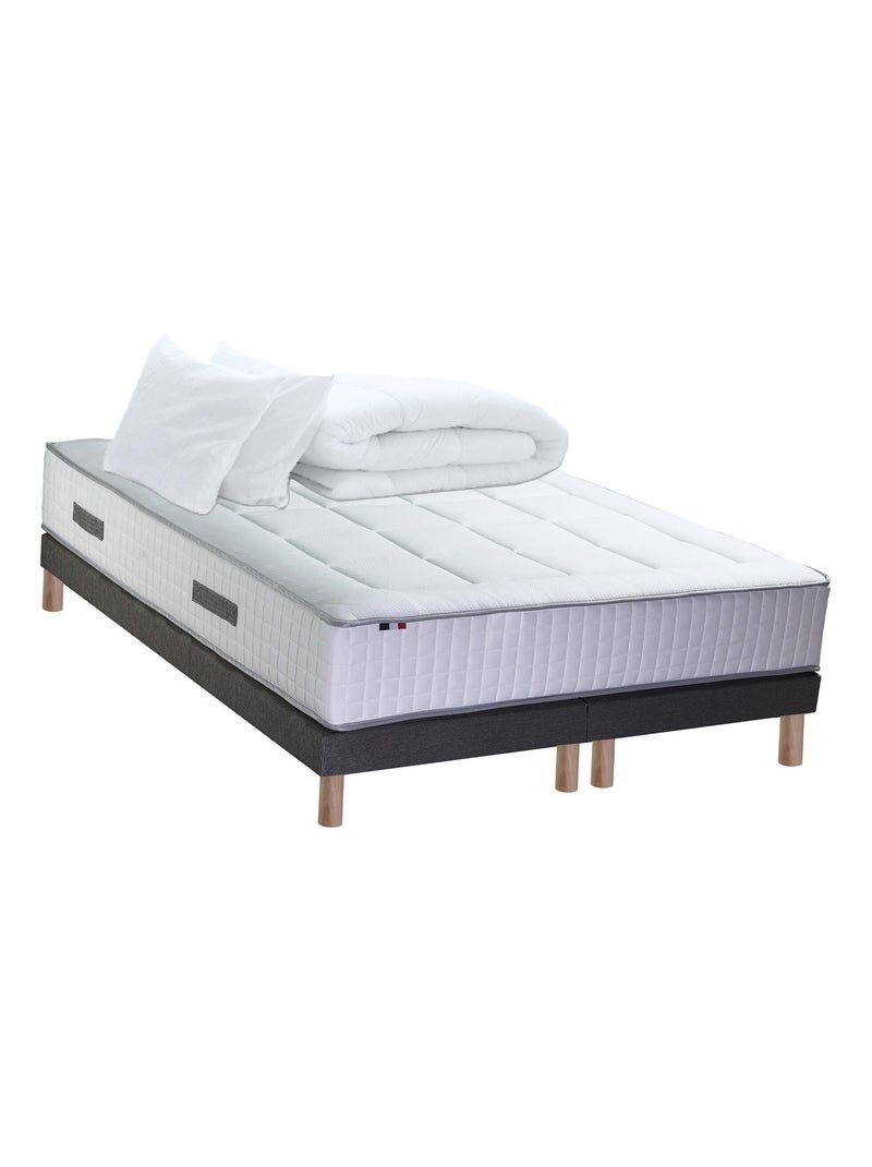 Ensemble Matelas Ressort 7 zones + Mémoire de forme + Sommier + couette + oreillers BELLAGIO 2 Gris Blanc - Kiabi