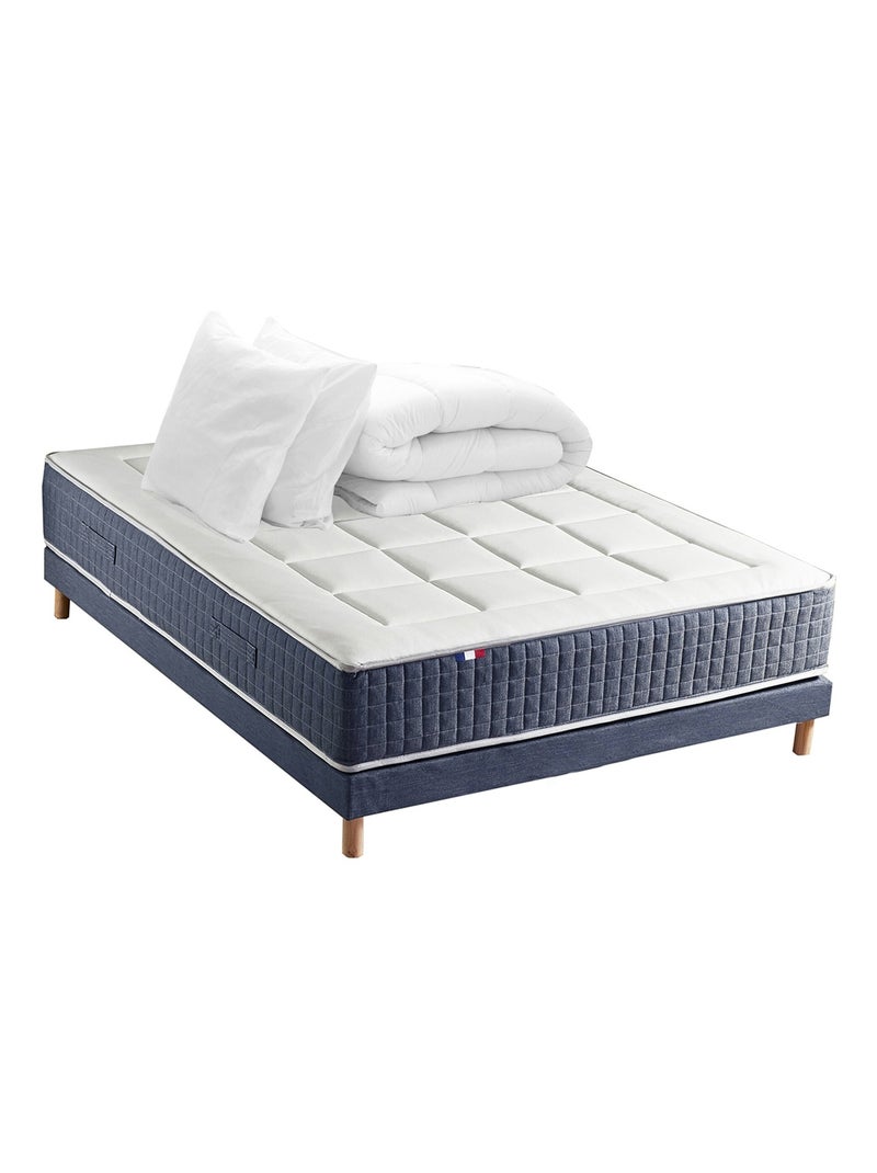 Ensemble Matelas Ressort 7 zones + Mémoire de forme + Sommier KING STYLE + couette + oreillers Blanc Bleu - Kiabi