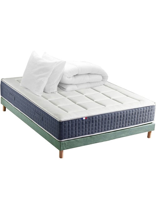 Ensemble Matelas Ressort 7 zones + Mémoire de forme + Sommier Vert celadon + couette + oreillers - Kiabi Ensemble Matelas Ressort 7 zones + Mémoire de forme + Sommier Vert celadon + couette + oreillers - Kiabi
