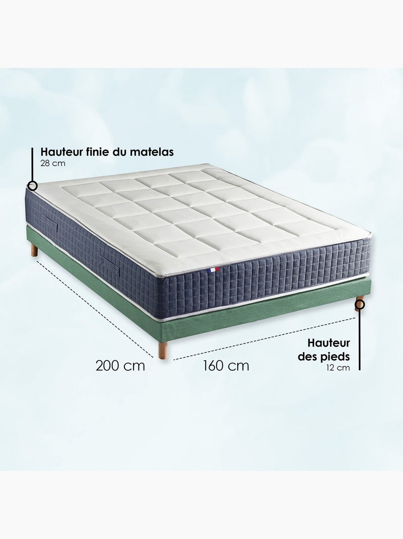Ensemble Matelas Ressort 7 zones + Mémoire de forme + Sommier Vert celadon + couette + oreillers Blanc Vert - Kiabi