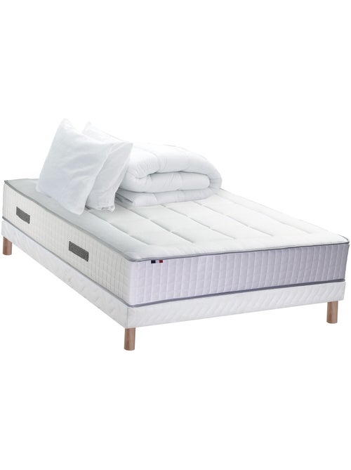 Ensemble matelas Ressort 7 zones + sommier + oreiller + couette - FABRICATION FRANCAISE - Blanc - Kiabi Ensemble matelas Ressort 7 zones + sommier + oreiller + couette - FABRICATION FRANCAISE - Blanc - Kiabi