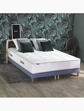 Ensemble matelas Ressort 7 zones + sommier + oreiller + couette - FABRICATION FRANCAISE - Bleu denim