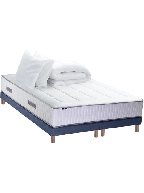 Ensemble matelas Ressort 7 zones + sommier + oreiller + couette - FABRICATION FRANCAISE - Bleu denim - Kiabi Ensemble matelas Ressort 7 zones + sommier + oreiller + couette - FABRICATION FRANCAISE - Bleu denim - Kiabi