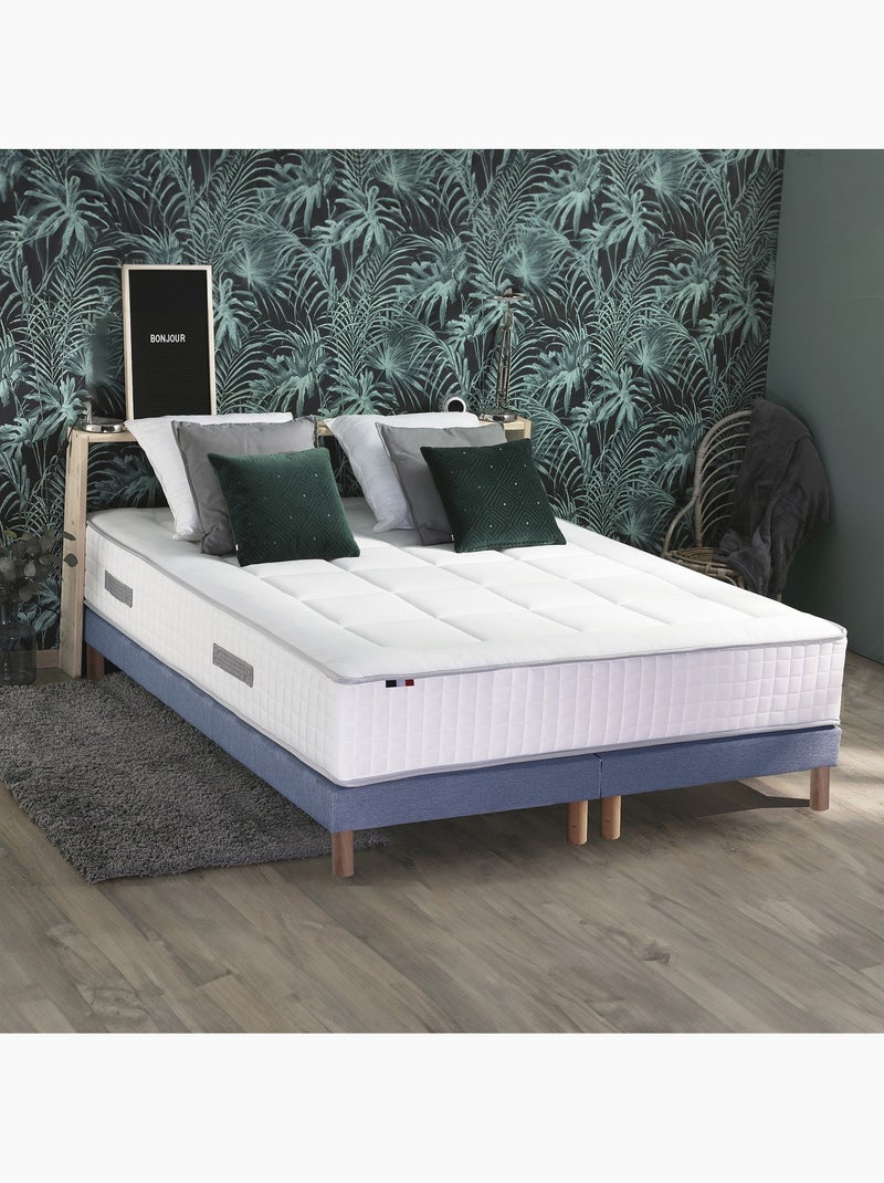 Ensemble matelas Ressort 7 zones + sommier + oreiller + couette - FABRICATION FRANCAISE - Bleu denim Blanc Bleu - Kiabi