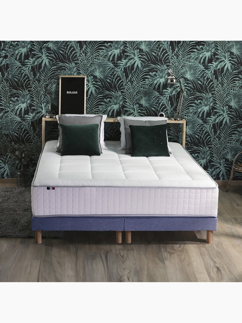 Ensemble matelas Ressort 7 zones + sommier + oreiller + couette - FABRICATION FRANCAISE - Bleu denim Blanc Bleu - Kiabi