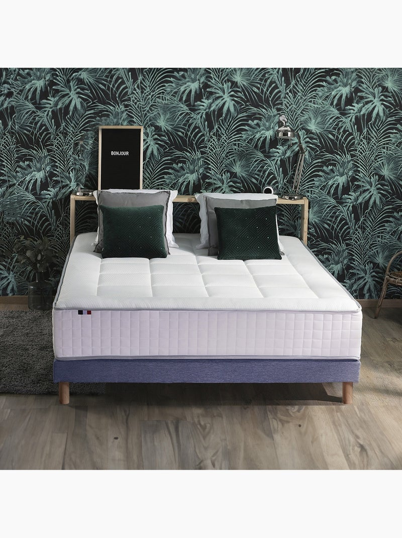 Ensemble matelas Ressort 7 zones + sommier + oreiller + couette - FABRICATION FRANCAISE - Bleu denim Blanc Bleu - Kiabi