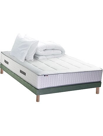 Ensemble matelas Ressort 7 zones + sommier + oreiller + couette - FABRICATION FRANCAISE - Bleu denim