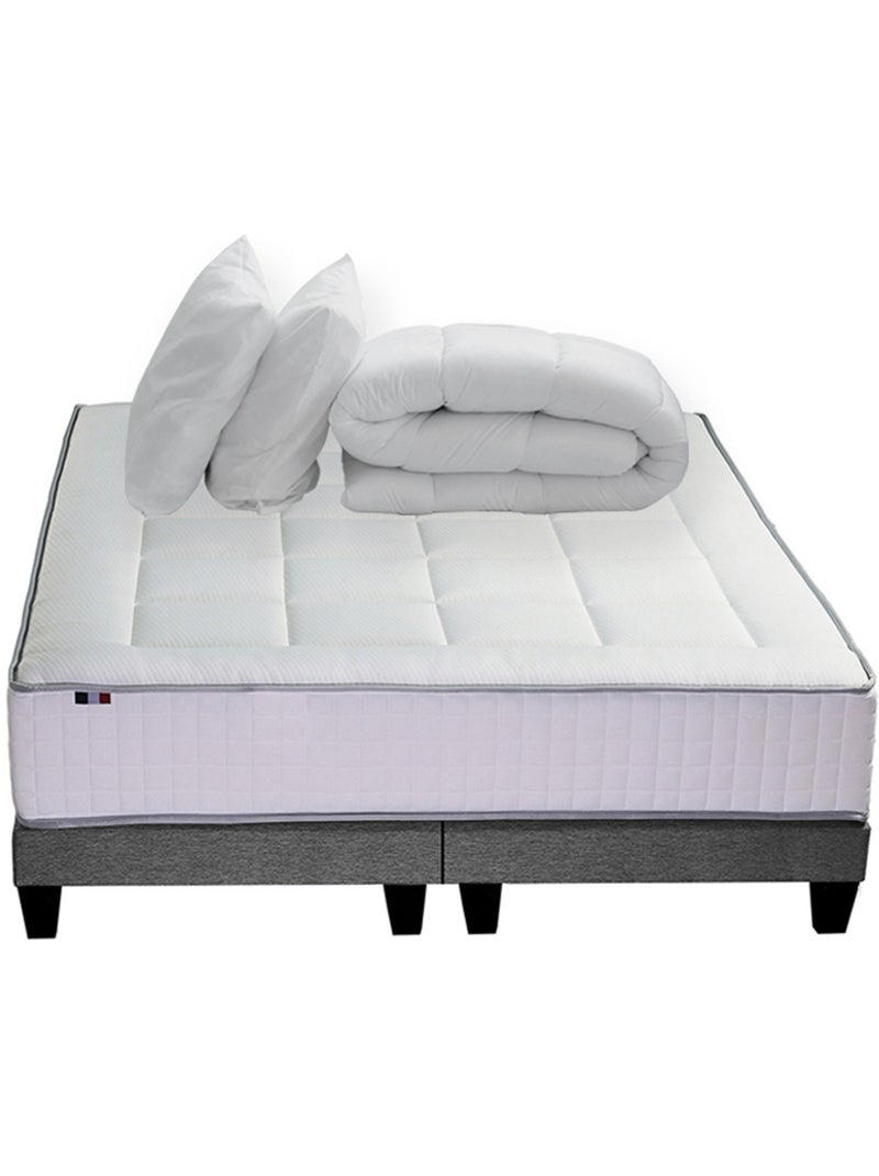 Ensemble matelas Ressort 7 zones + sommier + oreiller + couette FABRICATION FRANCAISE Blanc Gris - Kiabi