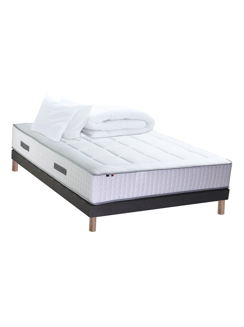 Ensemble matelas Ressort 7 zones + sommier + oreiller + couette FABRICATION FRANCAISE Gris Blanc - Kiabi