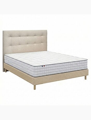 Ensemble matelas ressorts 7 zones, H24, sommier et tete de lit capitonnee beige