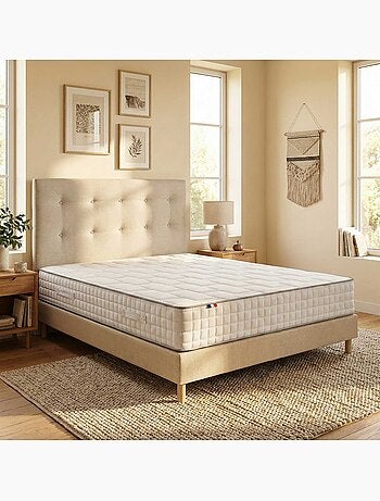 Ensemble matelas ressorts 7 zones, H24, sommier et tete de lit capitonnee beige