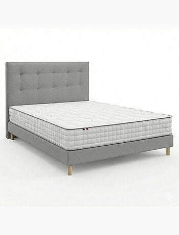 Ensemble matelas ressorts 7 zones, H24, sommier et tete de lit capitonnee gris