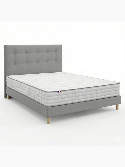 Ensemble matelas ressorts 7 zones, H24, sommier et tete de lit capitonnee gris - Kiabi Ensemble matelas ressorts 7 zones, H24, sommier et tete de lit capitonnee gris - Kiabi