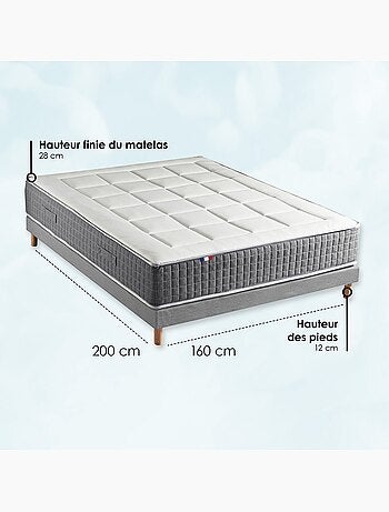Ensemble matelas ressorts 7 zones H28 sommier gris chiné 160x200
