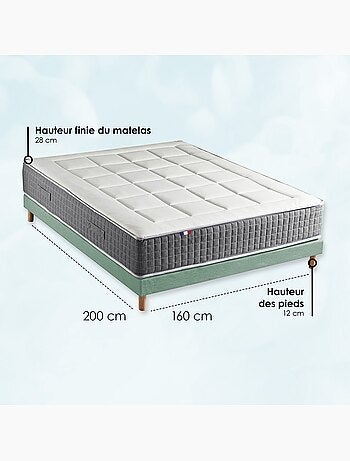 Ensemble matelas ressorts 7 zones H28 sommier gris chiné 160x200