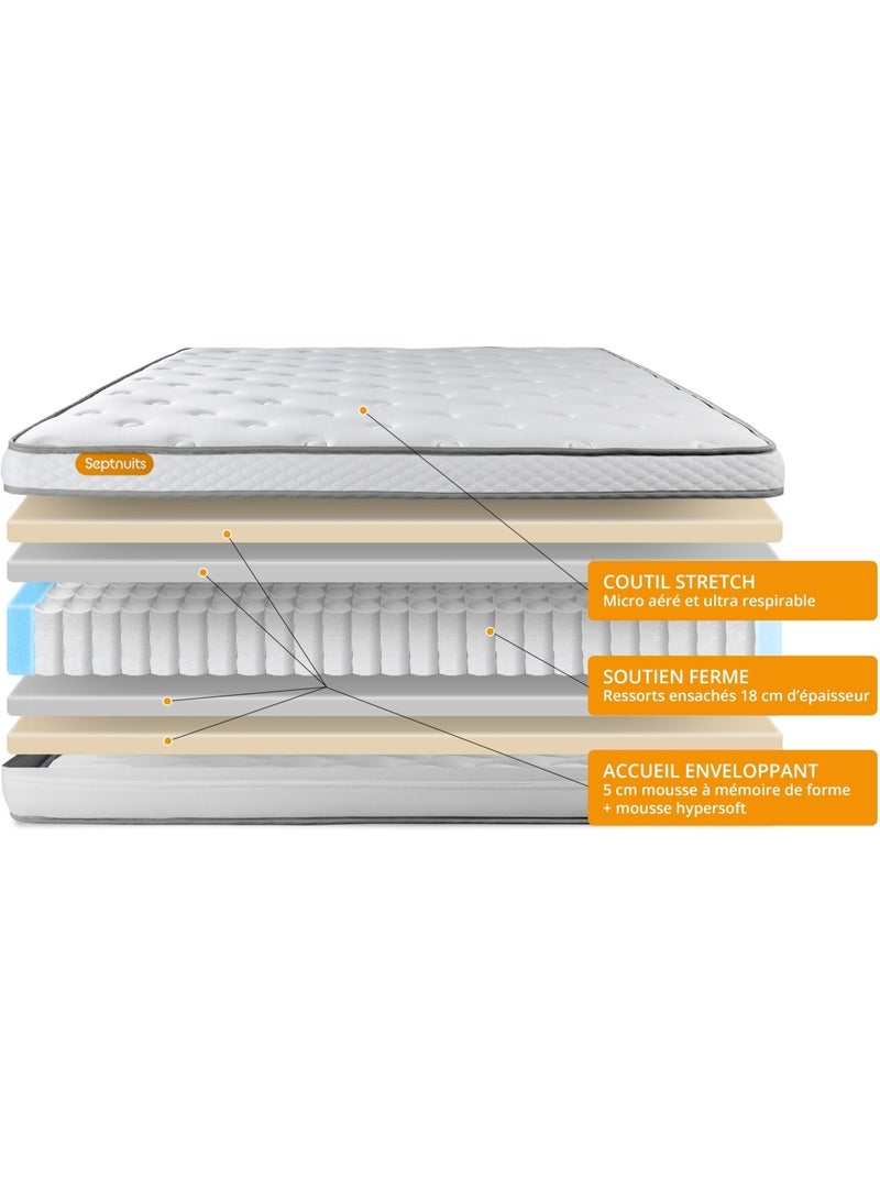 Ensemble Matelas Ressorts ensachés et mémoire de forme et Sommier Tapissier multi-lattes Blanc - Me Blanc - Kiabi
