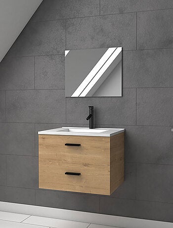 Ensemble meuble vasque + miroir finition bois