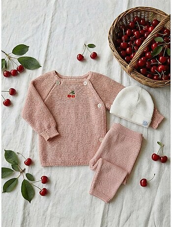 Ensemble naissance broderie cerise