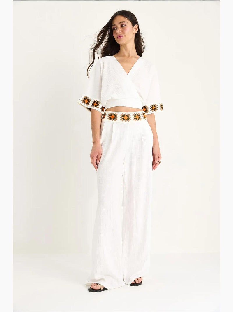 Ensemble pantalon court taille haute avec ceinture et col croisé en tricot bianco lucci Blanc - Kiabi