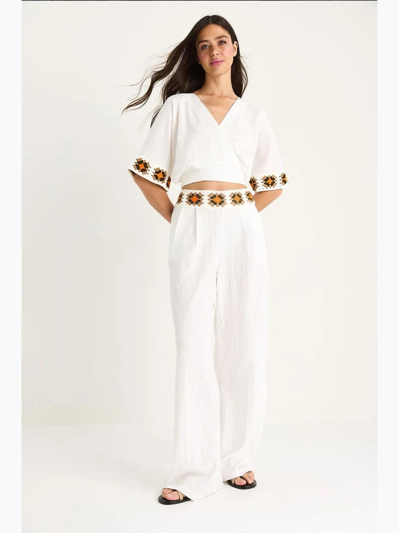 Ensemble pantalon court taille haute avec ceinture et col croisé en tricot bianco lucci Blanc - Kiabi