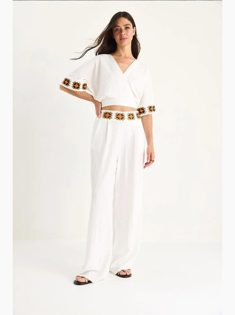 Ensemble pantalon court taille haute avec ceinture et col croisé en tricot bianco lucci Blanc - Kiabi
