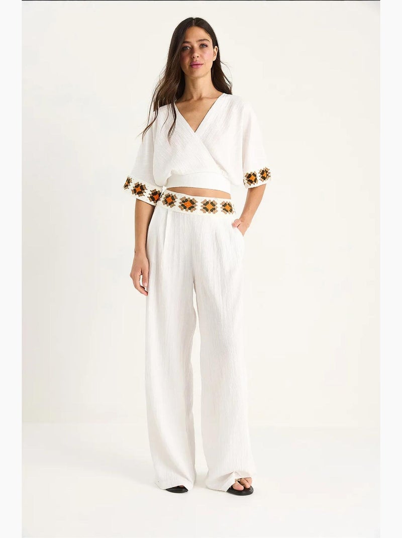 Ensemble pantalon court taille haute avec ceinture et col croisé en tricot bianco lucci Blanc - Kiabi