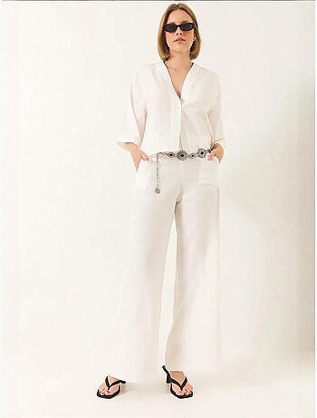 Ensemble pantalon kimono palazzo en lin à col en v et manches chauve-souris bianco lucci
