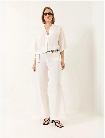 Ensemble pantalon kimono palazzo en lin à col en v et manches chauve-souris bianco lucci