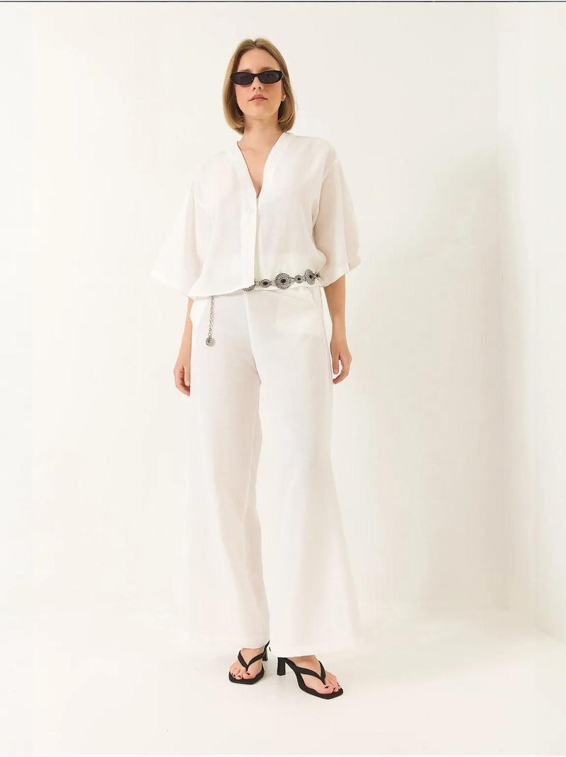 Ensemble pantalon kimono palazzo en lin à col en v et manches chauve-souris bianco lucci Blanc - Kiabi