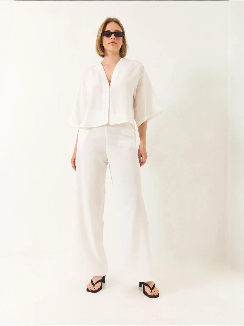 Ensemble pantalon kimono palazzo en lin à col en v et manches chauve-souris bianco lucci Blanc - Kiabi