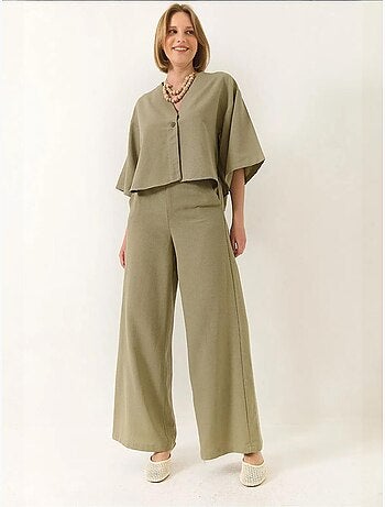 Ensemble pantalon kimono palazzo en lin à col en v et manches chauve-souris bianco lucci