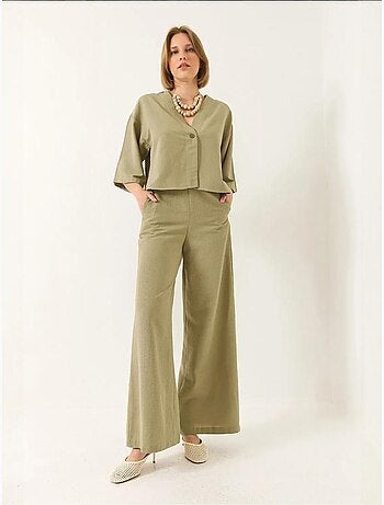 Ensemble pantalon kimono palazzo en lin à col en v et manches chauve-souris bianco lucci