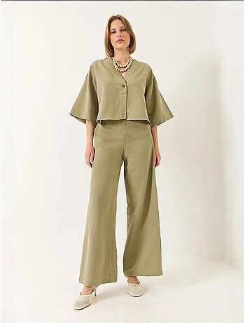 Ensemble pantalon kimono palazzo en lin à col en v et manches chauve-souris bianco lucci