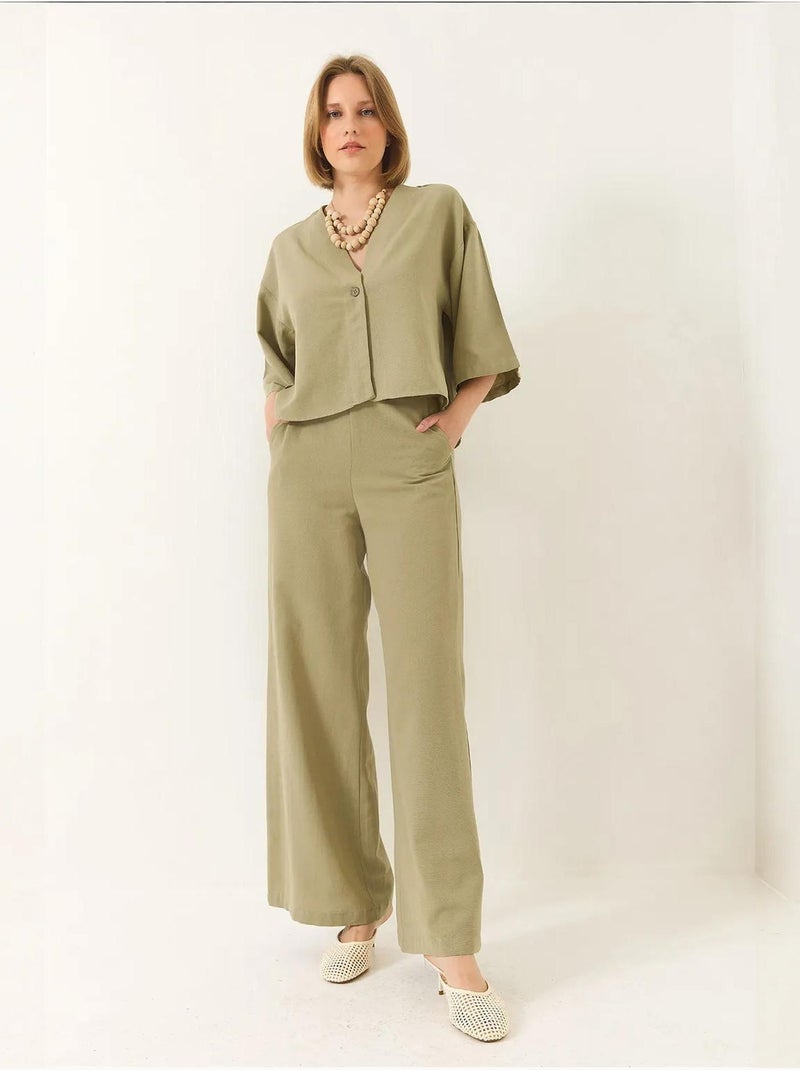 Ensemble pantalon kimono palazzo en lin à col en v et manches chauve-souris bianco lucci Vert pastel - Kiabi