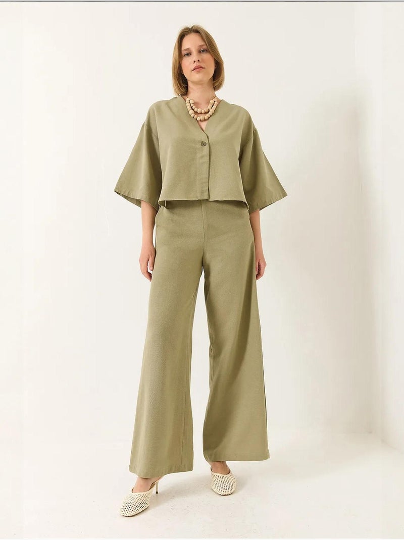 Ensemble pantalon kimono palazzo en lin à col en v et manches chauve-souris bianco lucci Vert pastel - Kiabi