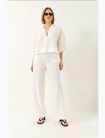 Ensemble pantalon kimono palazzo en lin à col en v et manches chauve-souris lucci