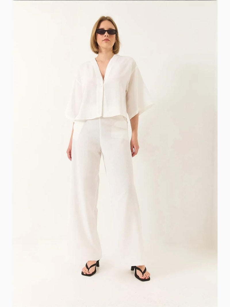 Ensemble pantalon kimono palazzo en lin à col en v et manches chauve-souris lucci Blanc - Kiabi