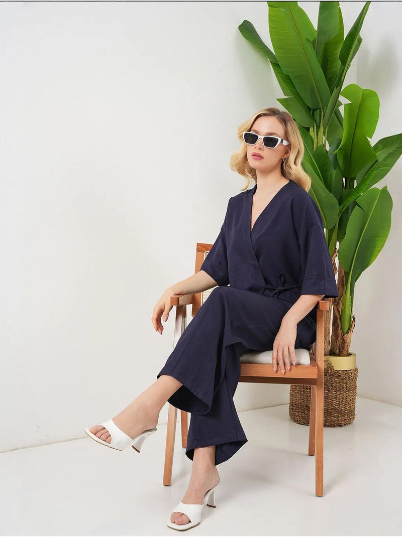 Ensemble pantalon kimono surdimensionné à col en v et fermeture à nouer bdart Bleu marine - Kiabi