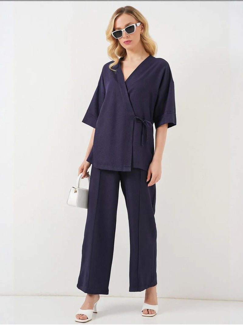 Ensemble pantalon kimono surdimensionné à col en v et fermeture à nouer bdart Bleu marine - Kiabi