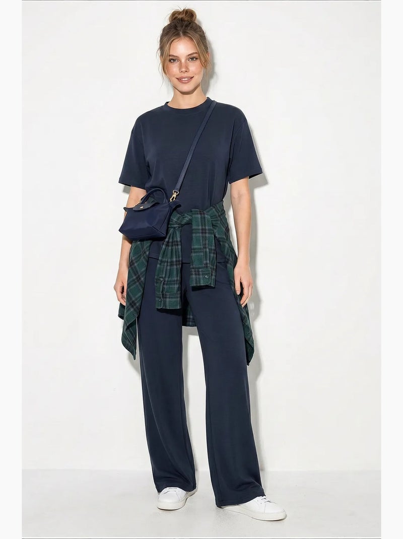 Ensemble pantalon large taille mi-haute et t-shirt à col rond lucci Indigo - Kiabi
