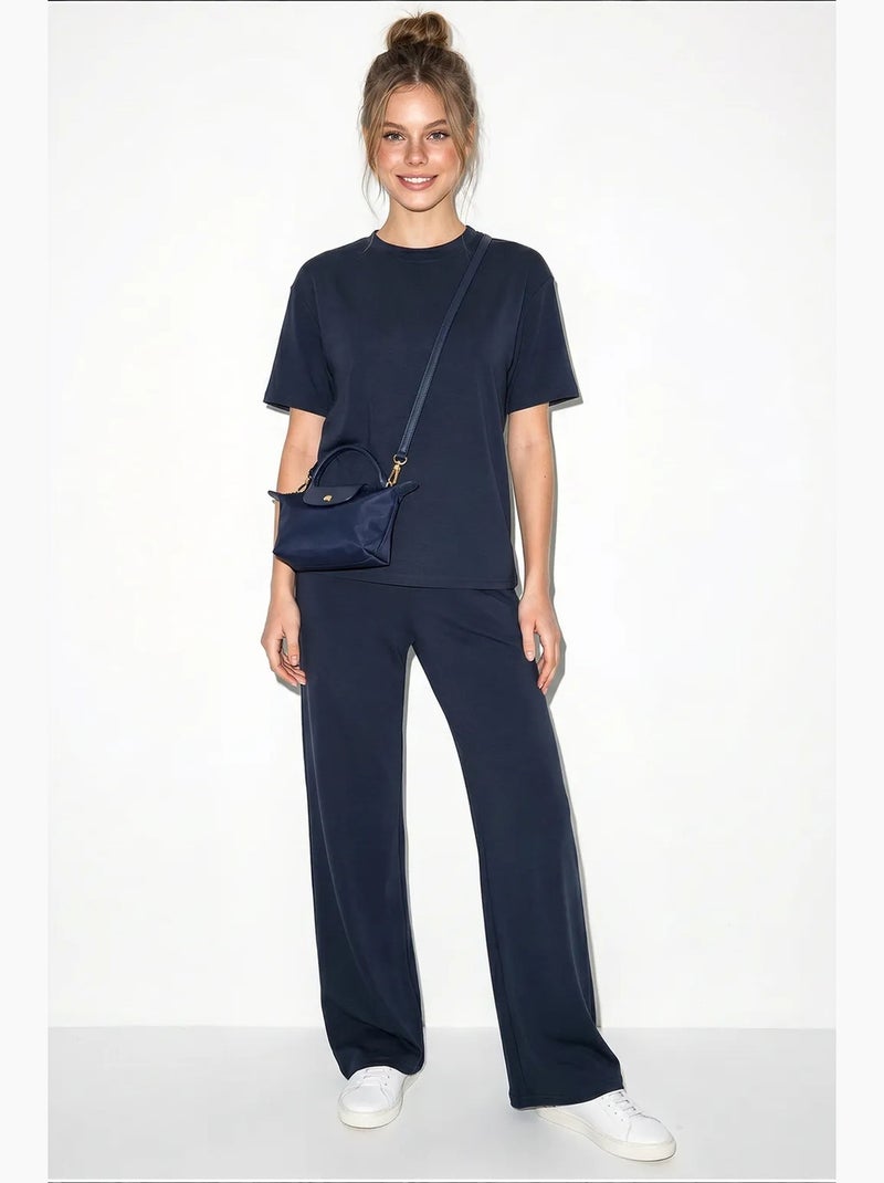 Ensemble pantalon large taille mi-haute et t-shirt à col rond lucci Indigo - Kiabi