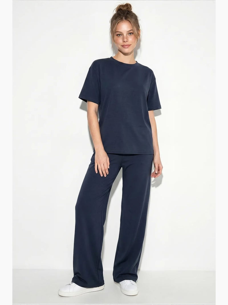 Ensemble pantalon large taille mi-haute et t-shirt à col rond lucci Indigo - Kiabi