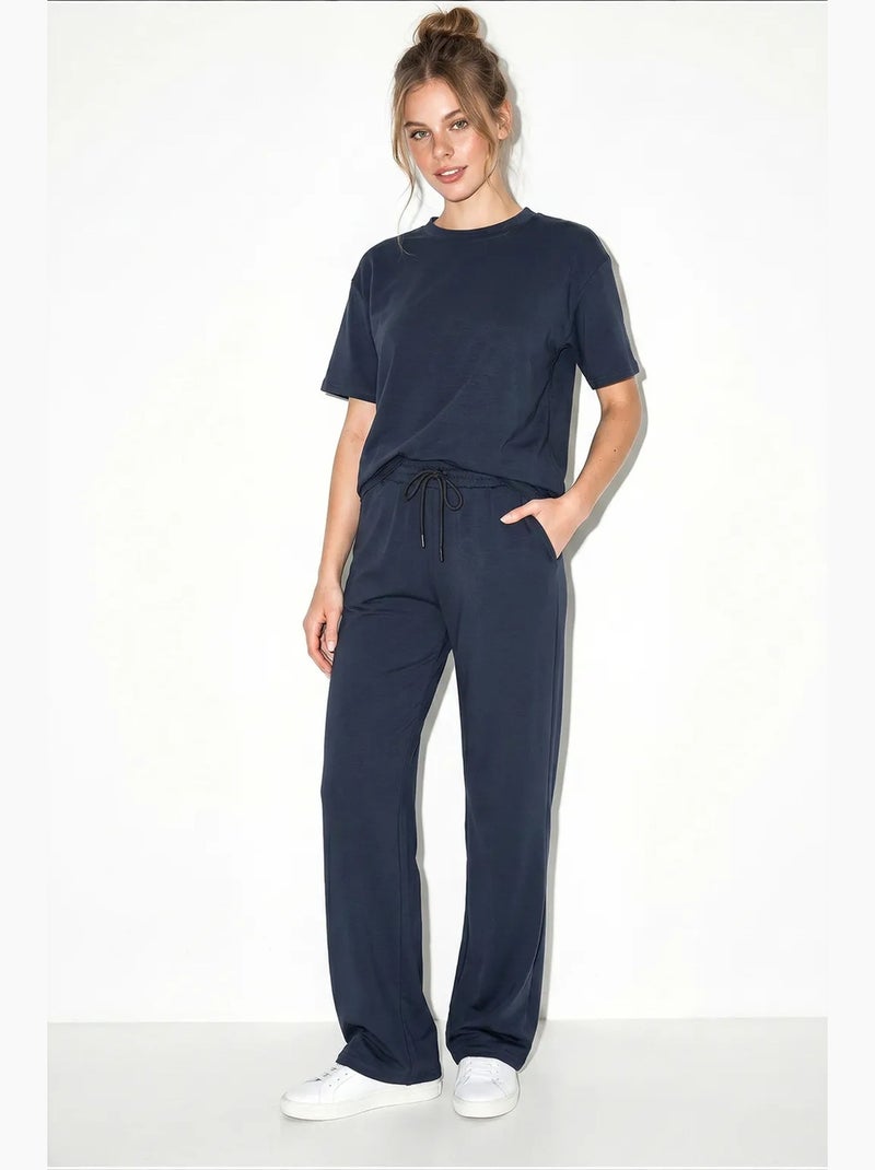 Ensemble pantalon large taille mi-haute et t-shirt à col rond lucci Indigo - Kiabi