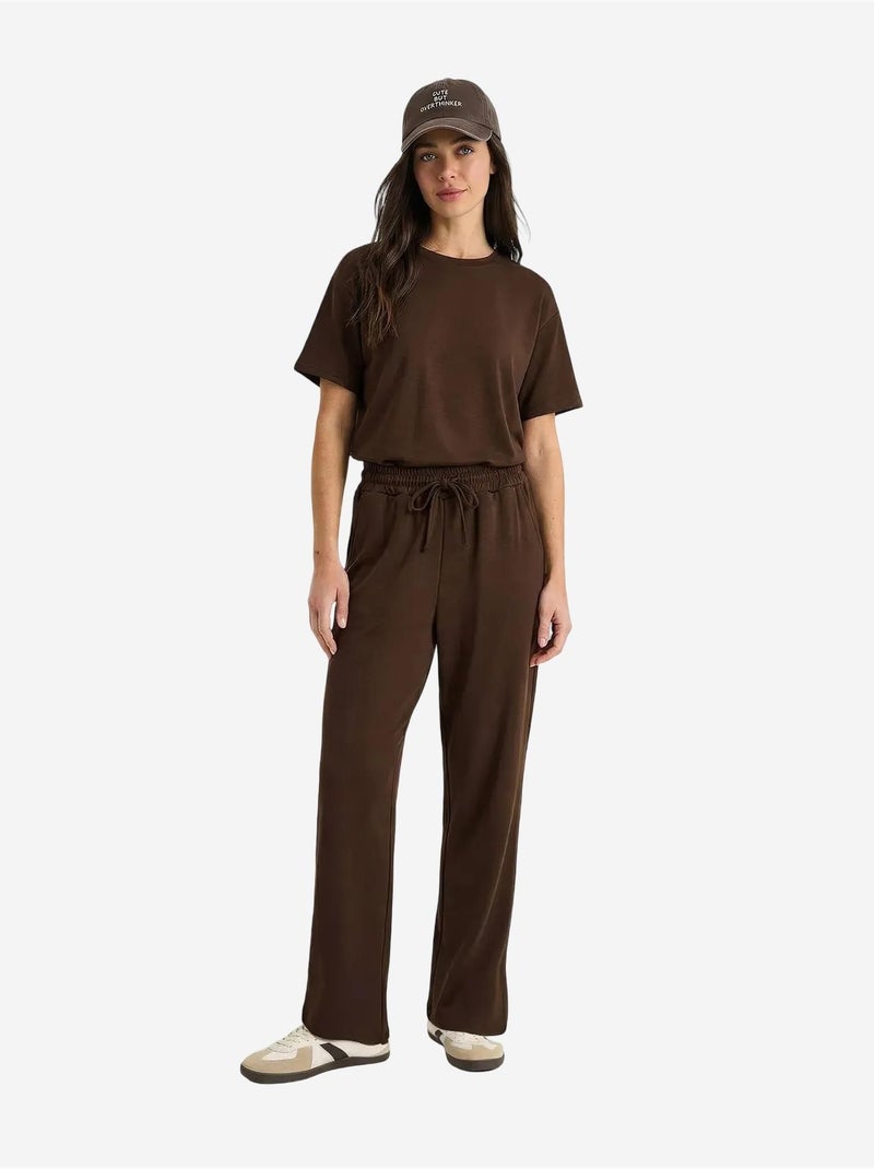 Ensemble pantalon large taille mi-haute et t-shirt à col rond lucci Marron chocolat - Kiabi