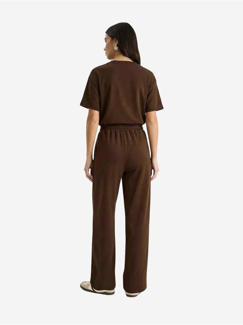 Ensemble pantalon large taille mi-haute et t-shirt à col rond lucci Marron chocolat - Kiabi